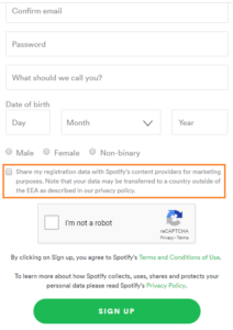 Example of a signup form with a marketing consent checkbox for data sharing.